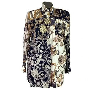 Vintage 80s Top Women S Blue Ivory Floral Color Block Beaded Button Up Tunic